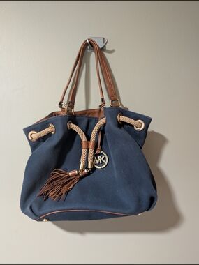 Michael Kors Navy Blue and Brown Drawstring Shoulder Bag